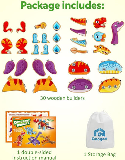Coogam Dinosaur Snap Together Building Toys Wooden Take Apart Dinosaur Playset STEM Montessori Educational Fine Motor Skill Toy Gift for 3 4 5 Years Old Kids