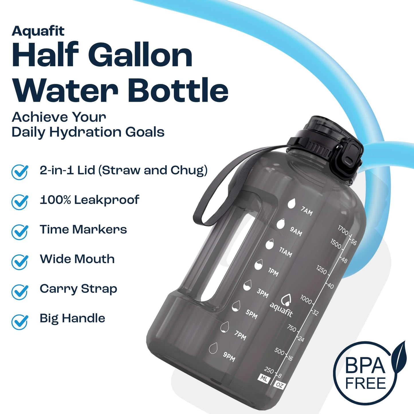AQUAFIT 64 oz Water Bottle with Time Marker, Half Gallon Gym Bottle with Straw, Handle & 2-in-1 Lid