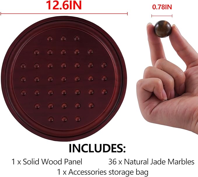 HOROW 12.6 Inches Large Marble Solitaire Board Game Wooden Classic Natural Stone Marbles Solitaire Game Set Containing 36 Colored Natural Stone Marbles Strategy and Smart Games (red Walnut)