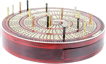 House of Cribbage - Cribbage Board Spiral Design Round Shape 4 Tracks Bloodwood/Maple with Place for Skunks Corners &amp Won Games