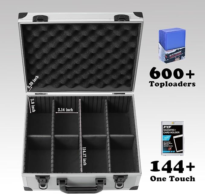 Toploaders Storage Box for 3 x 4 35pt Rigid Cards Trading &amp Sports Cards Graded &amp Rating Cards with 7 DIY Sponge Partitions (Holds 600+ Toploaders M600-Silver)