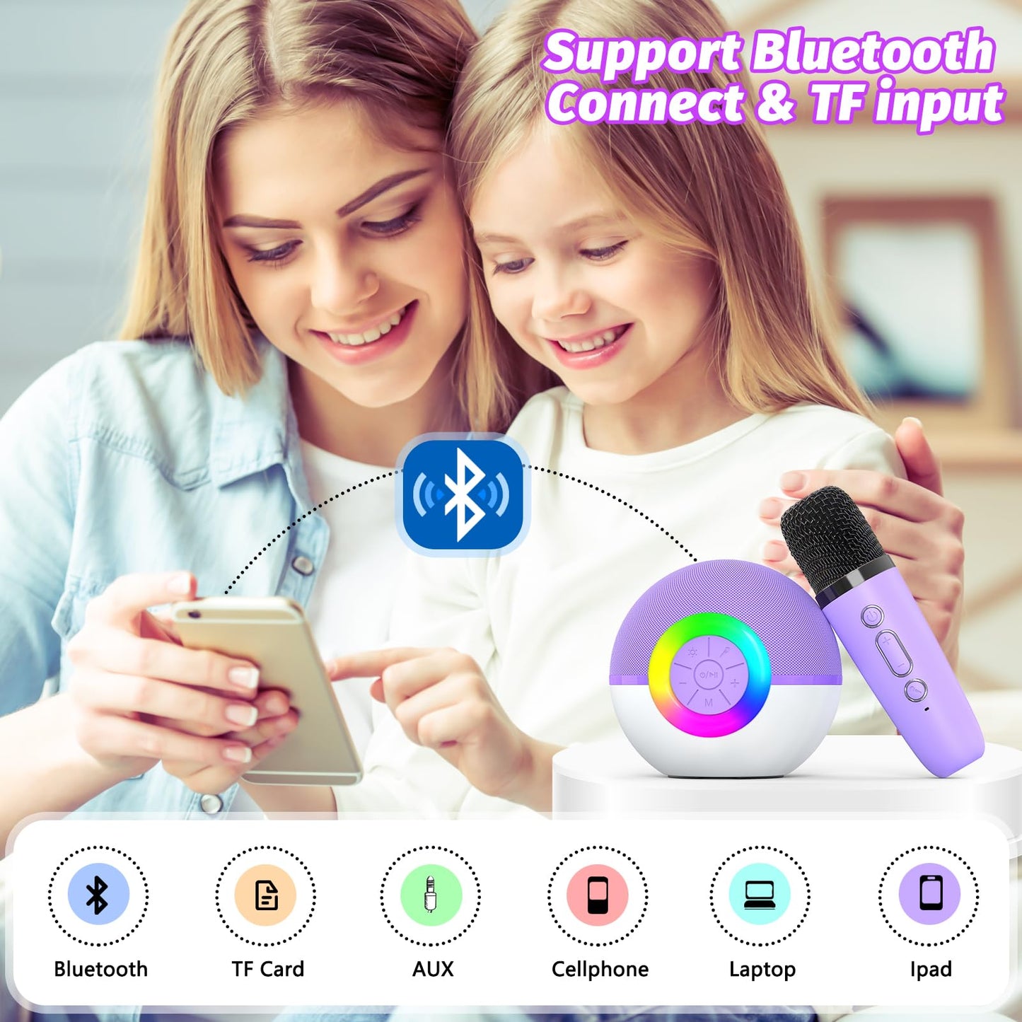 goopow Mini Karaoke Machine Speaker for Kids Adults, Portable Bluetooth Microphone Song Toys with LED Light, Best Chritmas Birthday Festival Gift for 3 4 5 6 7 8+ Year Old Girls Boys (Purple-2MIC)