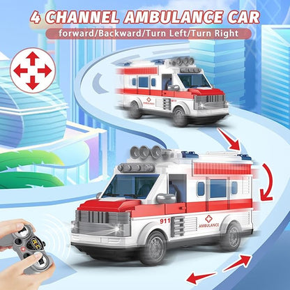 Dollox 1/30 Remote Control Ambulance 2.4G RC Play Car Toy 4 Channel Electric Ambulance Vehicles Emergency Rescue Cars with Lights Opening Door Gifts for Kids Boys Girls Age 3 4 5 6 7
