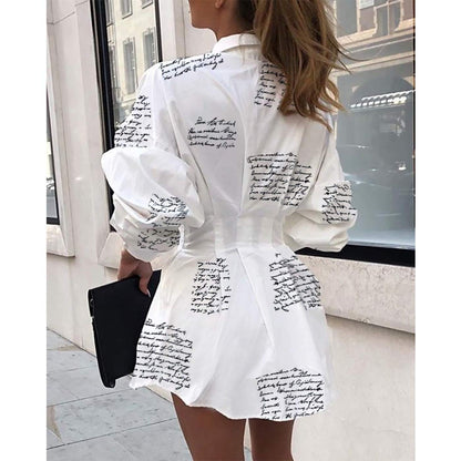 IyMoo Womens Casual Long Sleeve V Neck Button Down Fitted Shirt Mini Dress with Belt Letter White M