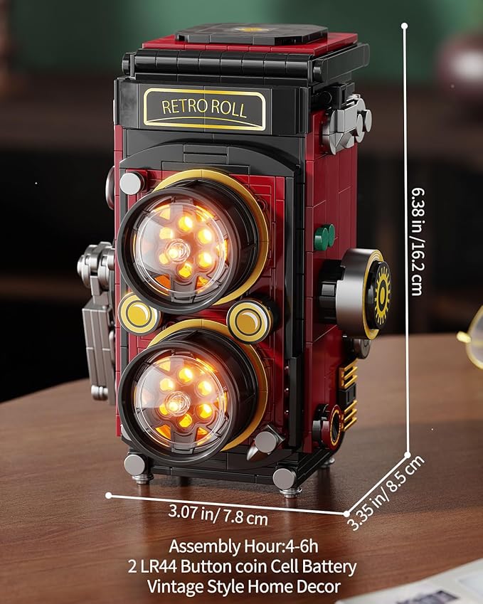 Retro Camera Building Blocks Sets with Lights DIY Camera Building Toys with Twin-Lens Reflex Design Unique Collectible for Home Decor Christmas Birthday Gift for Adults Boys age 8-12(719Pcs)