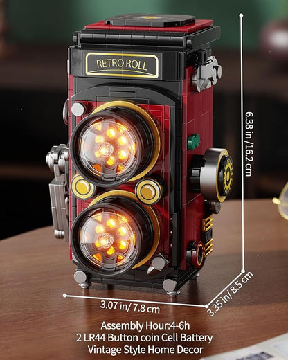 Retro Camera Building Blocks Sets with Lights DIY Camera Building Toys with Twin-Lens Reflex Design Unique Collectible for Home Decor Christmas Birthday Gift for Adults Boys age 8-12(719Pcs)