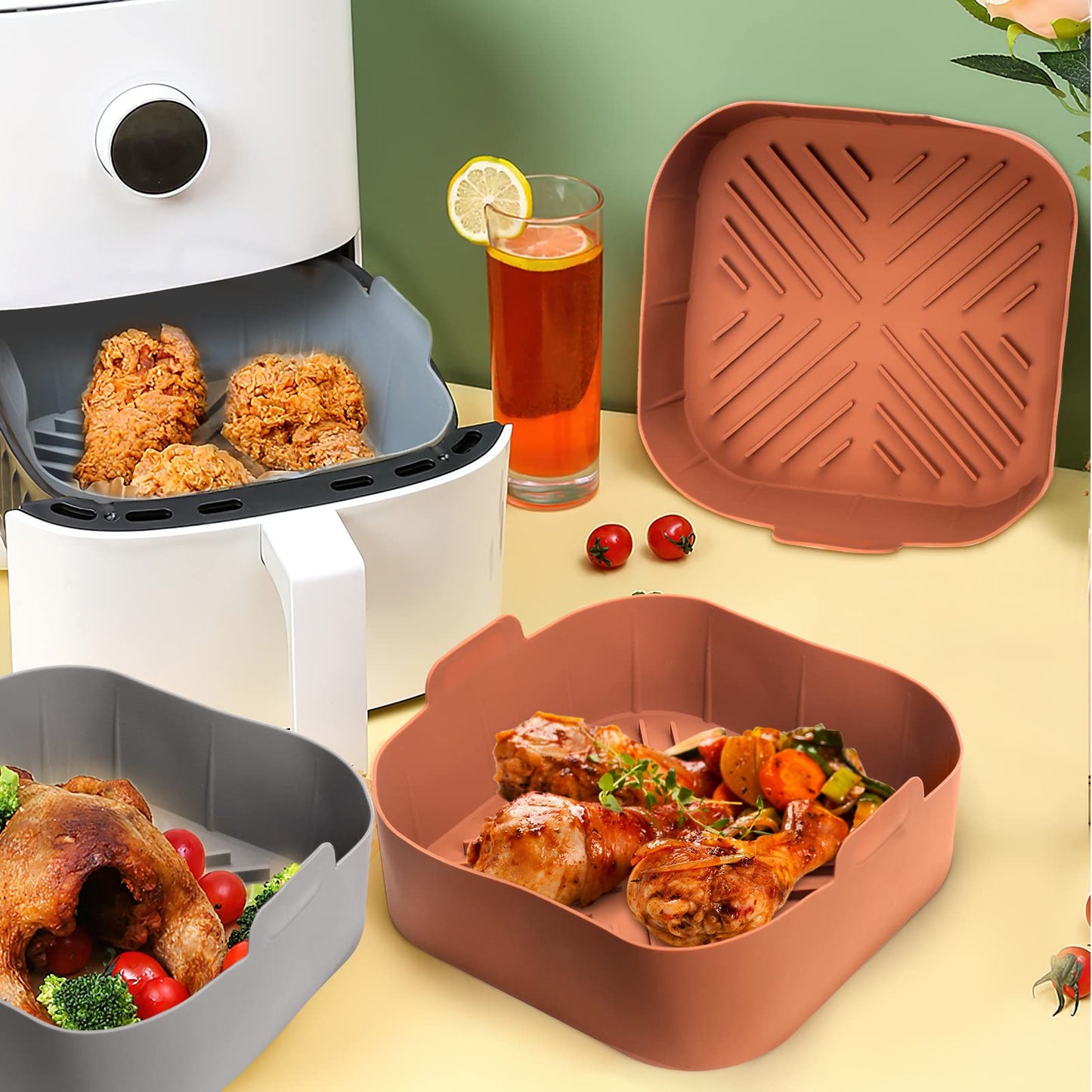 Silicone Air Fryer Basket Liners Square - 2Pcs Reusable Air Fryer Silicone Pots for Food Safe Air fryers Oven Accessories(8.5 Inch)