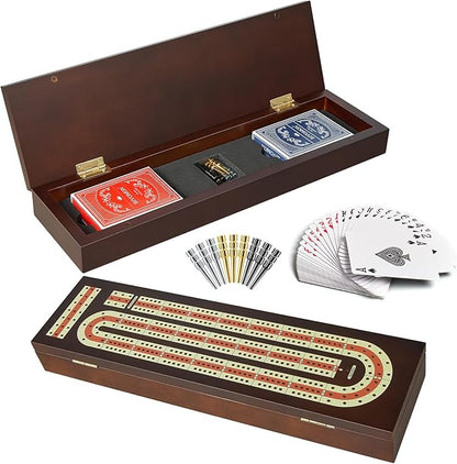Cribbage Board Game Set Continuous 3 Track Wooden Board with Magnetic Lock 9 Metal Pegs 2 Playing Cards Large Storage Area Travel Portable Travel Cribbage Boards for Adult Child