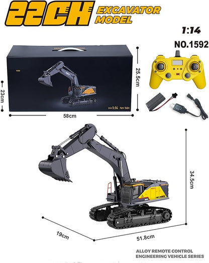 20.4 Inch 22 Channels Remote Control Excavator Truck 1/14 Scale Metal Shovel Independent Arms RC Digging Machine Metal Alloy Construction Vehicles Toy for 14y+ Beginners