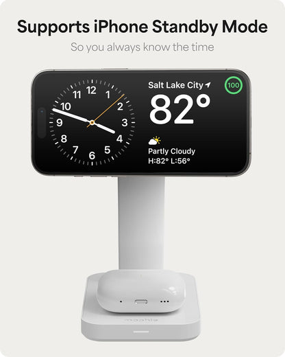 Mophie Snap+ 3-in-1 Wireless Charging Stand - MagSafe & Qi2 Certified, Compatible w/iPhone 17/16/15/14/13/12, Apple Watch, AirPods - Multi-Device Magnetic Charging Station, Eco-Friendly Design, White