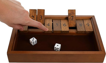 WE Games Shut The Box Game Wooden – 9 Number Flip Tiles with Dark Stained Wooden Box Perfect for Game Night Math Games Clackers Family Games Adult Dice Games Board Games for Adults 11 inches