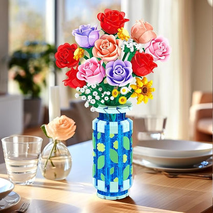 Roses Flowers Building Set with Vase &amp LED Light Easter/Birthday Day Gift for Her/Him 16 Mini Flowers Bouquet Building Blocks Toy Artificial Flowers for Home Office Decor &amp Display
