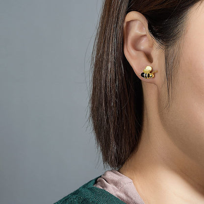 Lotus Fun S925 Sterling Silver Earrings Bee and Dripping Honey Asymmetric Stud Earrings, Creative Handmade Unique Jewelry Gifts for Women (Gold)