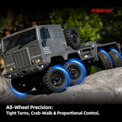 1/18 CR18P Terranaut 8x8 RC Crawler 8WD Rock Truck with Active-AWS All-Wheel Steering 2-Speed Transmission Remote Winch &amp Portal Axles Metal Gears Off-Road RC Car for Adults Collectors (Gray)
