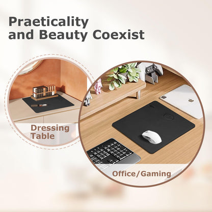 Wireless Charging Mouse Pad Firelison 2 in 1 Leather Multifunctional Office Desk Pad with Non-Slip Rubber Base, Waterproof Desk pad for Computers/Office/Work/Home/Decor（ 12" x 10"Black - R）