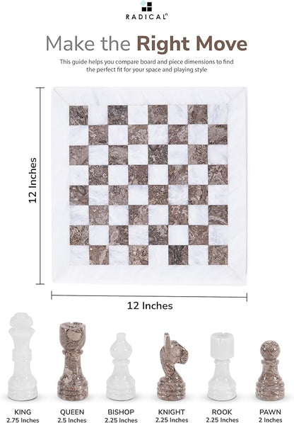 Radicaln Marble Chess Set 12 Inches White and Grey Oceanic Handmade Luxury Board Game for Adults Classic Stone Chess Board &amp Pieces Premium Game Night Gift for Home Decor