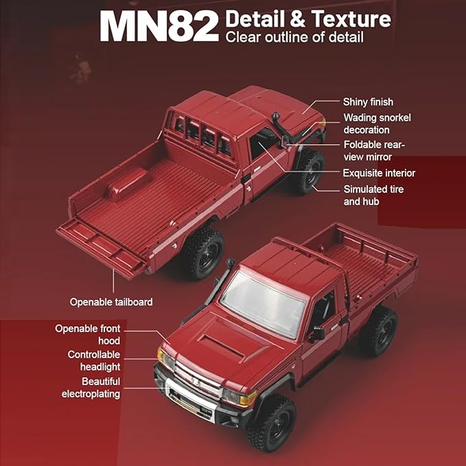 RC Truck 1/12 RC Rock Crawler MN-82 4x4 Off Road RC Pickup Truck 2.4GHz Proportional Throttle Steering All Terrain Remote Control Car RTR with Headlights and 2 Batteries for Adults (Red)