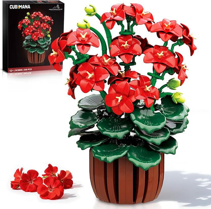 Flowers Geranium Botanicals Building Set - Artificial Bonsai Plants for Home Office Decor Display 548PCS Geranium Flowers Pot Building Blocks for Adults Women Age 12+ Gift for Easter