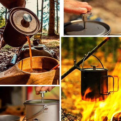 Bestargot Titanium Pot 750ml, Portable French Press | Ultralight Camping Pot for Coffee, Cooking & Survival | Compatible with Camp Stoves