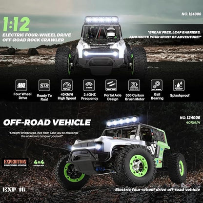 GoolRC WLtoys 124006 RC Car 1:12 Scale Remote Control Car 4WD 40KM/H High Speed RC Truck 2.4GHz Off-Road RC Crawler RTR with LED Lights and 2 Batteries for Adults (Green)
