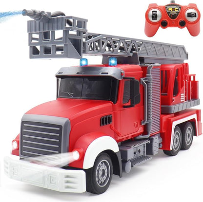 9 CH Remote Control Fire Truck Rc Fire Truck Toy Fire Truck with Lights Working Water Pump and Rotating Rescue Ladder 2.4G Firetruck Toy for Kids Boys Age 6-8 Gift
