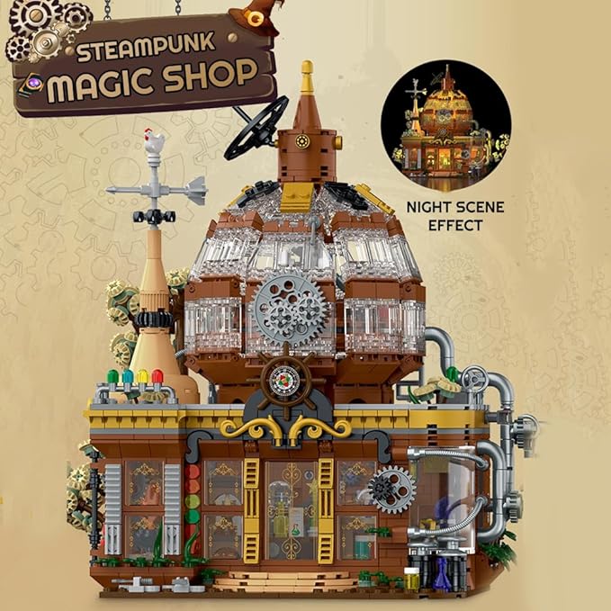 Steampunk Magic Shop Building Blocks Set – LED Lighted Model with Rich Details with Mechanic PartsMOC Architecture Toy Display for Adults &amp Teens(1842 Pcs)