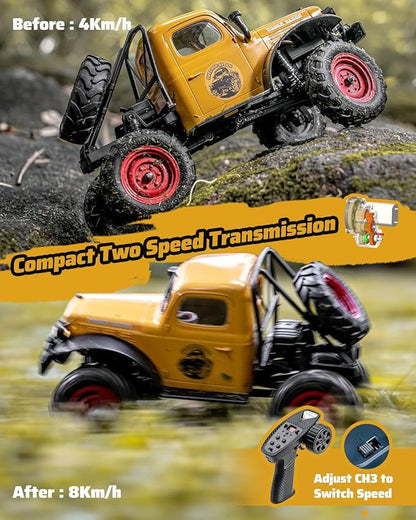 FCX24 RC Crawler 1/24 Remote Control Car Power Wagon 4WD RC Crawler Two-Speed Shift RC Rock Crawler 8Km/h with Portal Axle Metal Gears for Adults (Yellow)