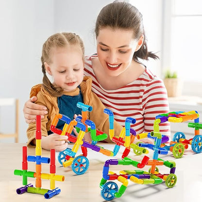 burgkidz STEM Learning Pipe Tube Construction Building Blocks Sensory Toys with Wheels Baseplate for All Ages Kids Boys Girls 188 Pcs
