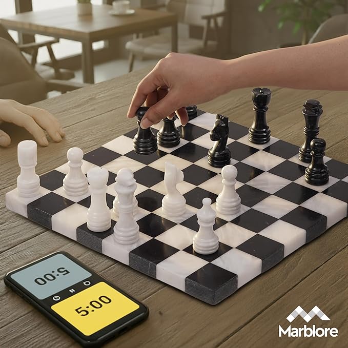 Marble Chess Set Game 12 Black &amp White Chess Board with 32 Chess Pieces &amp 2 Extra Queens Beginner Board Game Chess Set for Valentine’s Day Game Nights