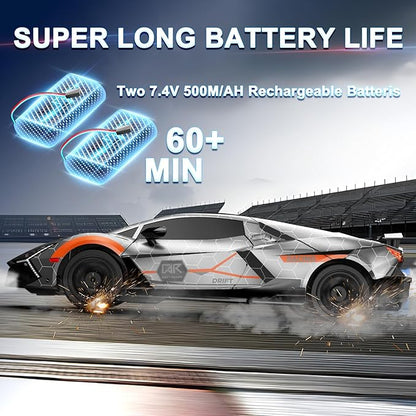 Remote Control Car RC Drift Car 1:16 Scale 4WD 18KM/H High Speed Model Vehicle 2.4GHz with LED Lights Spray Rubber Tire Racing Sport Toy for Adults Boys Girls Kids Gift 2Pcs Rechargeable Batteries