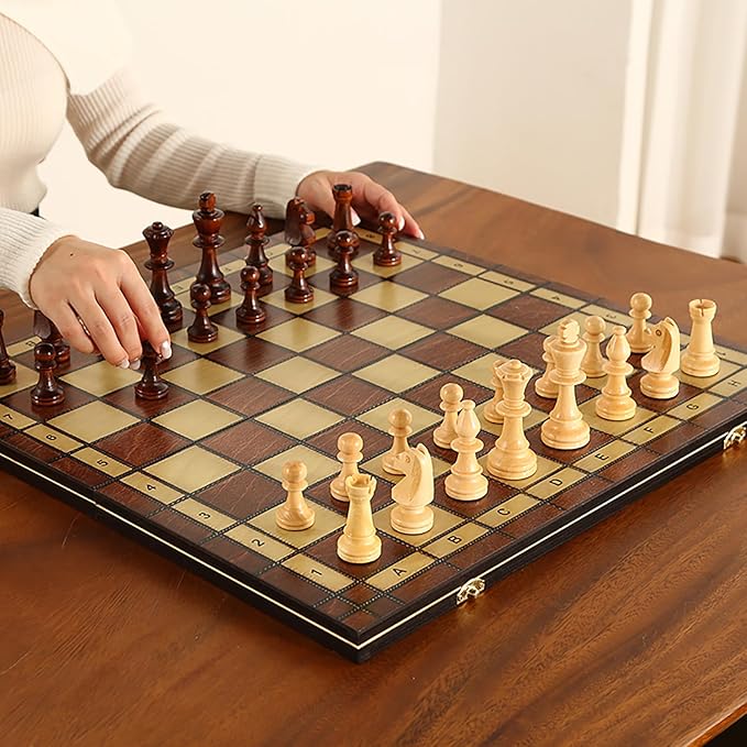 LargeDeluxe 17-Inch Wooden Chess Set - Perfect for Adults and Beginners Handcrafted Unique Folding Design Board Games