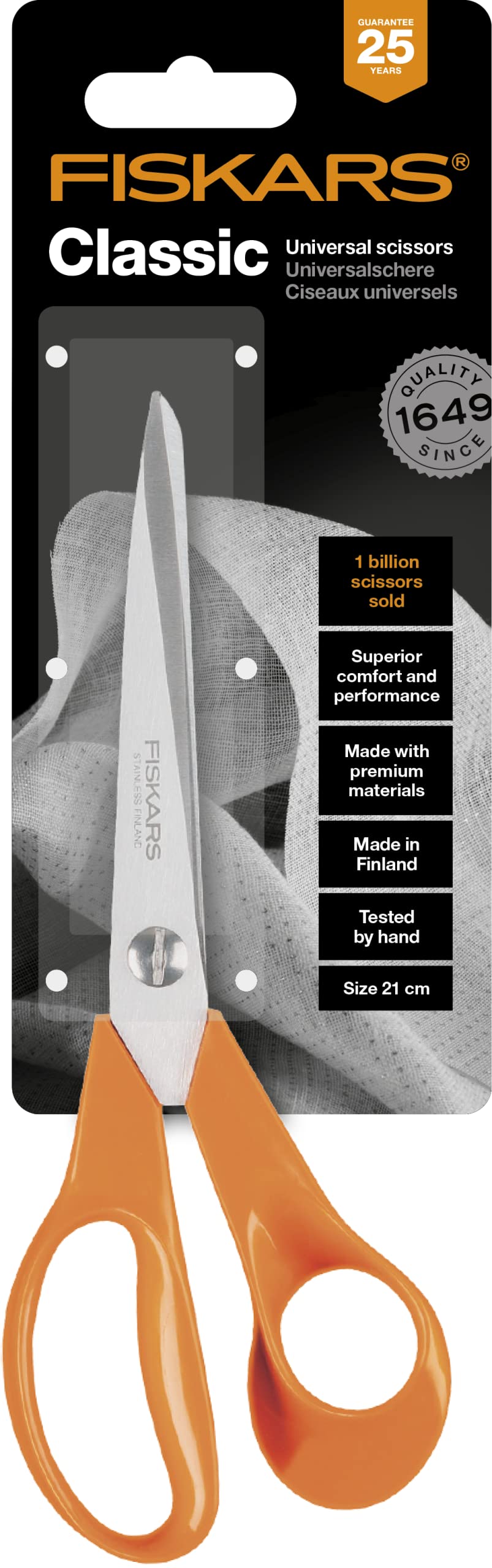 Fiskars Universal Scissors for Handcraft, Sewing and Office Work, Classic, Length: 21 cm, for Right-Handers, Orange, 1005148