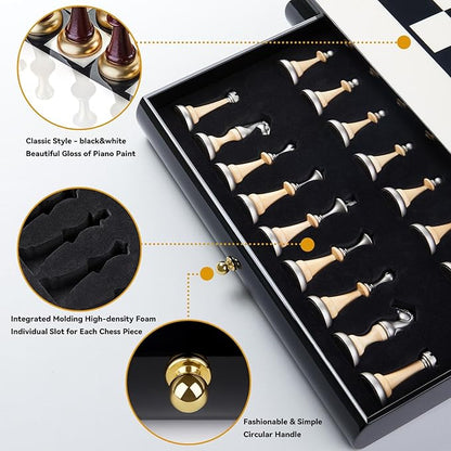AMEROUS 16 Inches Wooden Chess Set Large Size Board with 2 Built-in Storage Drawers - 2 Extra Queens - Metallic &amp Wooden Chess Pieces - Gift Packaging Board Games for Adults and Kids