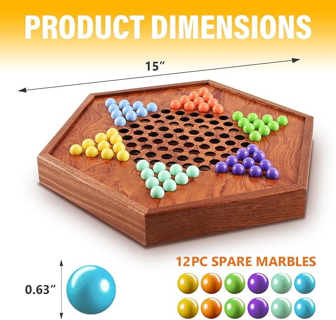 Large Chinese Checkers Upgraded Version Wooden Game Board 16mm 60+12 Colorful Acrylic Marbles Easy Grasping for Adults and Kids with Storage Drawer Fun for Family Gathering (15in.)