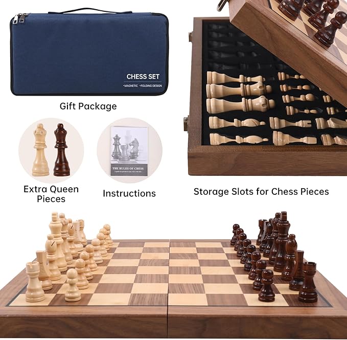 Ajedrez 15 Magnetic Chess Set for Adults/Kids—Folding Travel Wooden Board with Storage Bag Portable Beginner &amp Expert Chess Sets