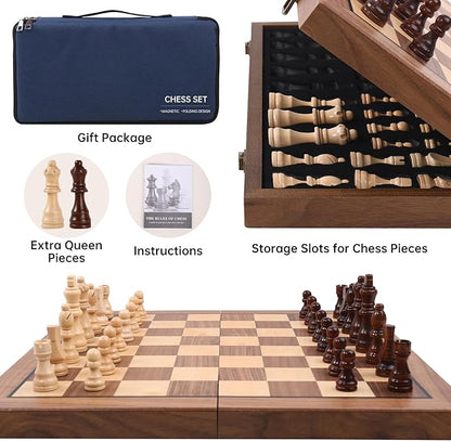 Ajedrez 15 Magnetic Chess Set for Adults/Kids—Folding Travel Wooden Board with Storage Bag Portable Beginner &amp Expert Chess Sets
