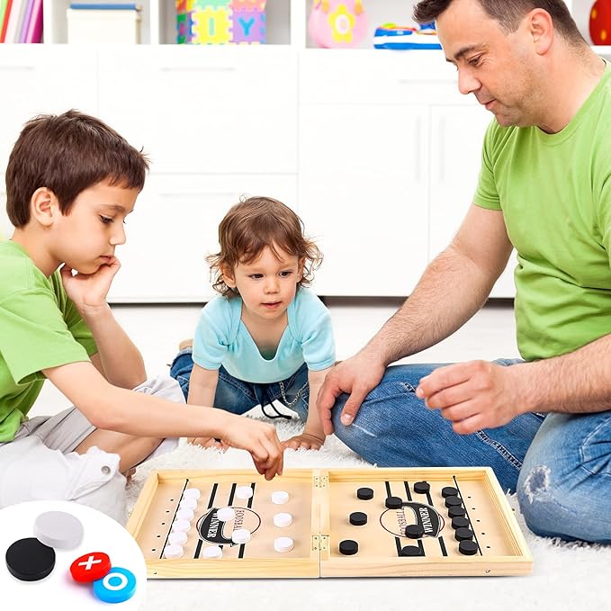 Sling Puck Game Chess Checkers Game Set 4 in 1 Board Game Fast Hockey Table Game Tic Tac Toe Slingshot Chess Set for Kids