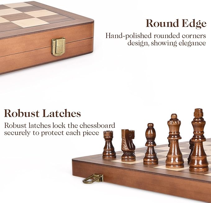 15 Wooden Chess Set with Magnetic Pieces - Extra Queens - Folding Chessboard Portable Travel Tournament Chess Board Games for Adults Kids