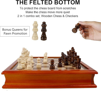 Juegoal 12-Inch Wooden Chess &amp Checkers Set with Storage Drawer Portable Board Games for Kids and Adults