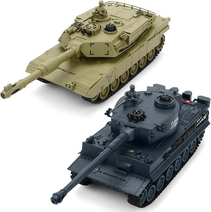 RC Battle Tank Set 1/28 Scale Remote Control Tank with Infrared Shoot Sounds Lights M1A2 Abrams &amp WW2 German Tiger Army Tanks Military Toy for Kids Aged 6 to 12