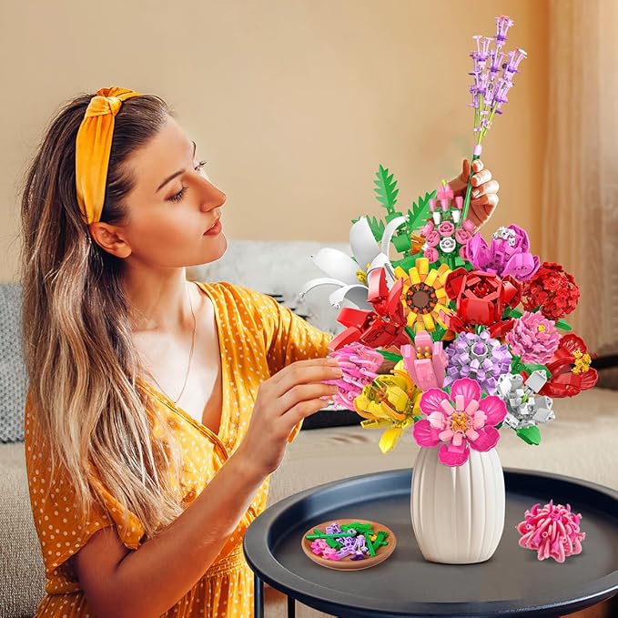 Flower Bouquet Building Set Valentines Day Botanical Collection Building Block Toy 1464 PCS 18 Flowers Rose Sunflower Home Plant Decor Birthday Gifts for Adults Women Boys Girls 8-12+