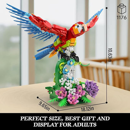 Parrot Floral Building Set MOC Flower and Parrot Collectible Table Art Kit Creator 2 in 1 Animals Bird Ideas Gifts Toys for Adults and Teens Age 14+ (1176 PCS)