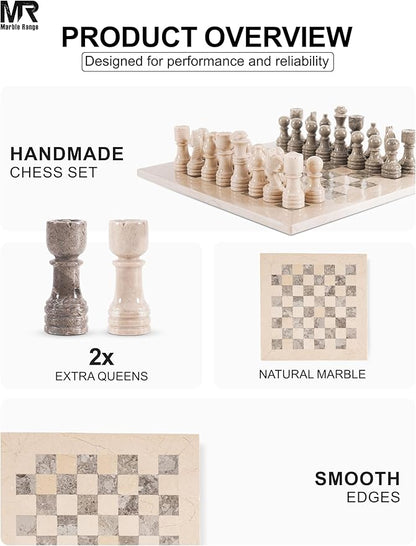 Marble Chess Set for Adults 12 Handmade Verona &amp Oceanic Board Game with 32 Chess Pieces 2 Extra Queens &amp Storage Box Luxury Travel Game Elegant for Home Decor