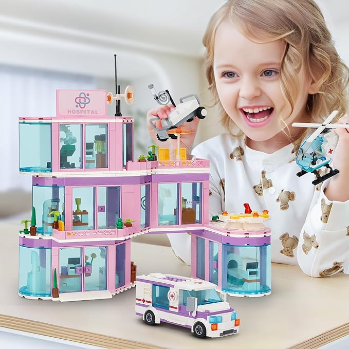 QLT QIAOLETONG Friends City Hospital Building Set Ambulance Truck with Hospital Bed Wheelchair Playset Birthday Gift for Boys Girls Kids 6+ Years Old-Compatible with Lego for Girls Age 8-12