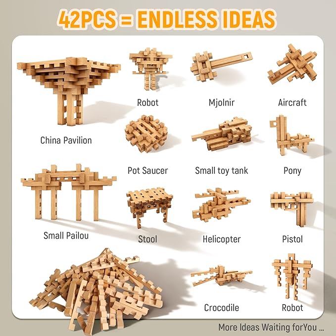 15 in 1 STEM Wooden Building Blocks -15+ Shapes 3D Puzzle Logic Brain Games Educational Toys Gift for Kids and Classroom Montessori STEM Toys for Ages 5+ to Adults