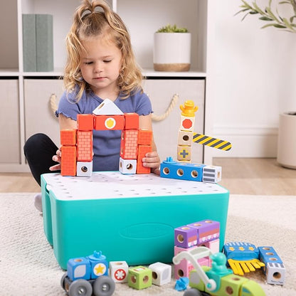 Melissa &amp Doug Blockables™ Deluxe City Snap and Play Mix and Match Connectable Wooden Building Blocks Set with Storage Bin and Play Lid (122 Pcs) Ages 2 to 7- FSC Certified