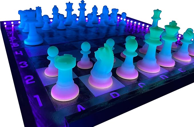Dam Merch's LED Illuminated Glow in The Dark Chess Set - Made in USA (Standard Rainbow + Blue)