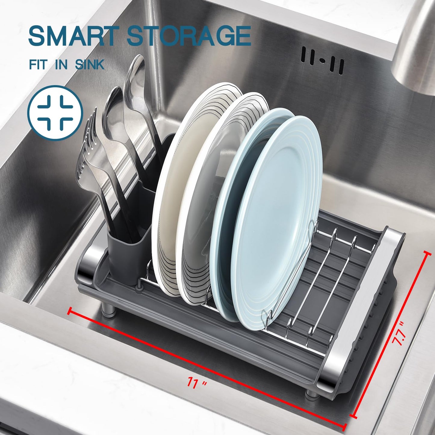 TOOLF Expandable Dish Rack, Compact Dish Drainer, Stainless Steel Dish Drying Rack with Removable Cutlery Holder, Anti Rust Plate Rack, Small Sink Drainer for Sink or Kitchen Countertop