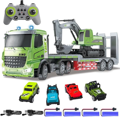 Fistone RC Semi-Trailer Truck &amp Excavator Toy Set 1:12 Scale with Sound and Lights 11CH 2.4Ghz Remote Control Flatbed Truck and Excavator Toys Great Gift for Kids Boys