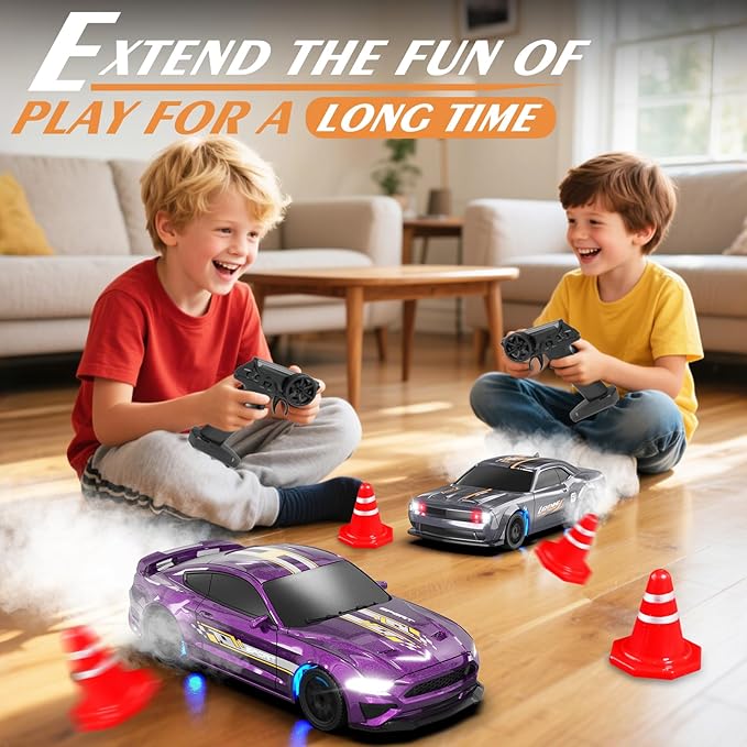 RC Drift Car 1/43 Scale Mini RC Drift Cars with Gyro 4WD Full Proporitonal High Speed Remote Control Car with LED Lights and Drifting Tire Hobby Racing Cars for Kids Boys Girls Purple